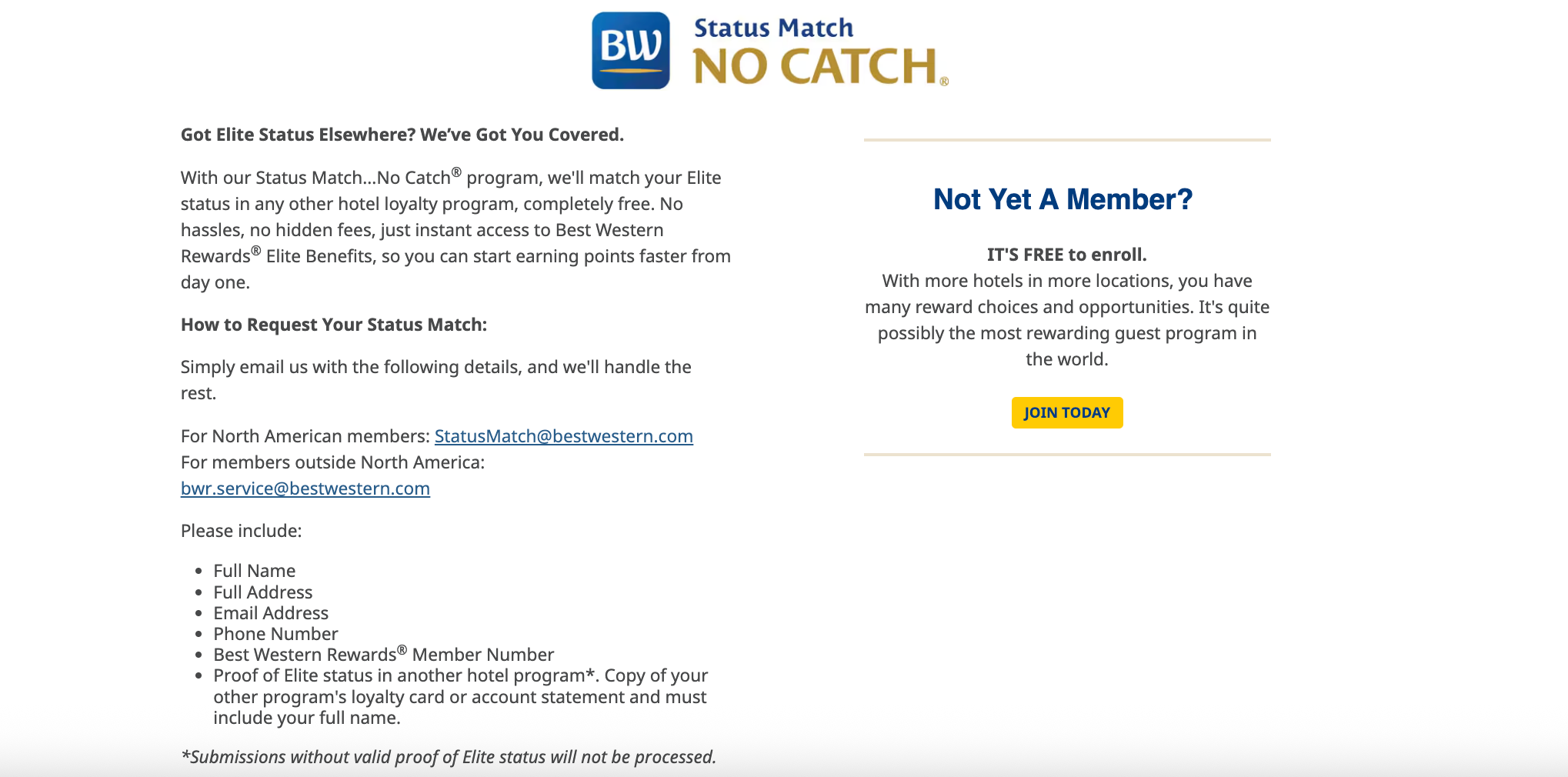 Screenshot of Best Western Elite Status Request Form